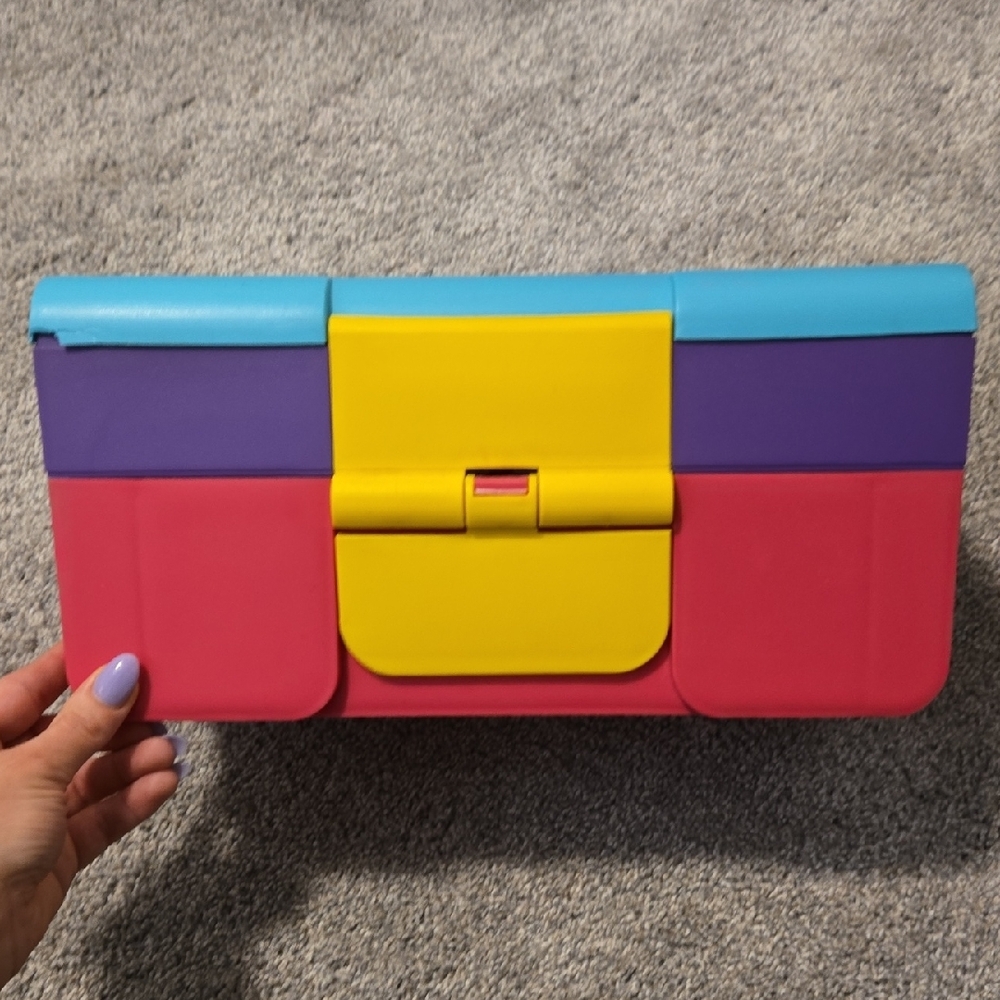 Blue and Purple Color-Blocked Clutch with Geometric Design